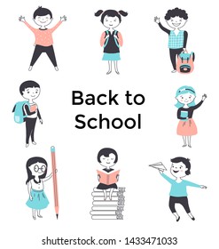 Back to School poster with cute cartoon kids.  Hand drawn vector illustration.