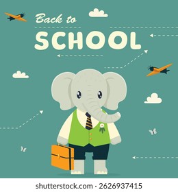 back to school poster with cute elephant carrying school supplies flat vector illustration.