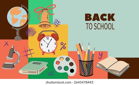 Back to School poster with cute flat hand drawn school supply cartoon objects, including books, bell, microscope, colorful pencils, alarm clock and a palette with paints.