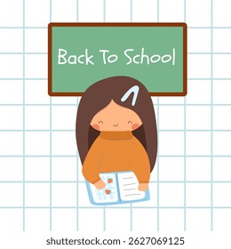 Back to school poster with cute girl. Retro style illustration.