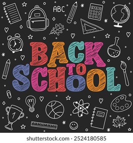 Cartel de regreso a la escuela con lindos iconos dibujados a mano en una pizarra. Ilustración vectorial