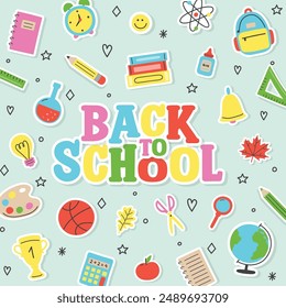 Back to school poster with cute icons. Vector illustration