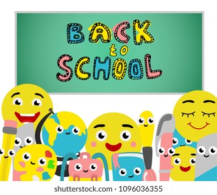 Back to school poster with cute school supplies characters on chalkboard. Funny objects for education - textbook, pen and pencil with eraser, for art brush with palette schoolbag. Vector illustration
