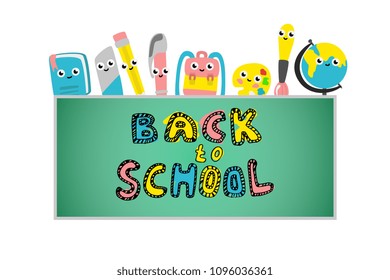 Back to school poster with cute school supplies characters on chalkboard. Funny objects for education - textbook, pen and pencil with eraser, for art brush with palette schoolbag. Vector illustration