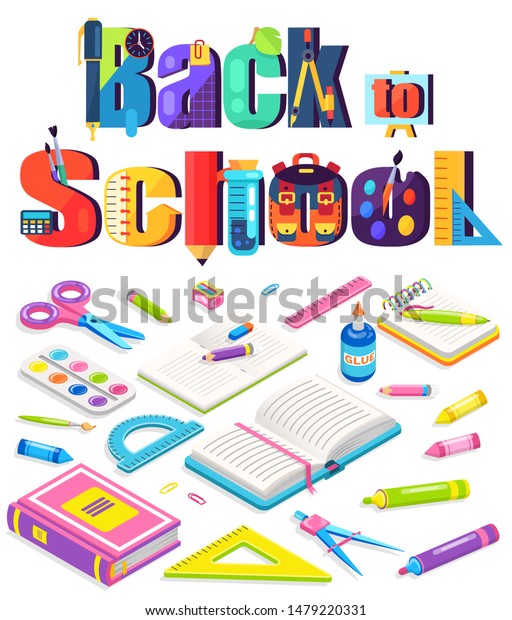 Back to\
school poster decorated by notebook and dividers, pen and pencil,\
scissors and ruler. Educational equipment, knowledge symbol, pupil\
vector. Flat cartoon isometric\
3d