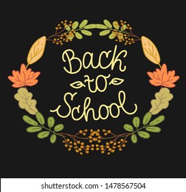 Back to School poster decorated with wreath of fallen autumn leaves, and handwritten calligraphy phrase. Vector isolated graphic design elements and illustration. Fall, autumn, seasonal.