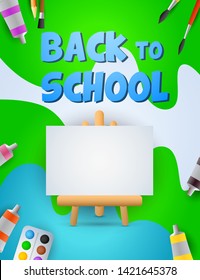 Back to school poster design. Artist easel, paints, paintbrush on colorful background. Vector illustration can be used for topics like artistic school, painting, art