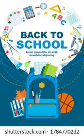 Back to school poster design. Backpack and school supplies on a colorful background. Vector illustration in a flat style. Can be used for sale banner, web, advertisement, signs.