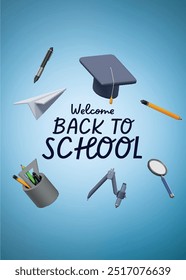Back to school poster design. Backpack, pen and school supplies on a colorful background. Vector illustration can be used for web banner, advertising, signs. Student bag with cool accessories