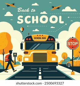 Back to school poster design with school bus and student in retro colours