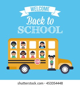 Back to school poster design with school bus and children