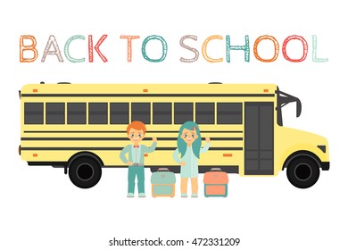 Back to school poster design. School bus, schoolboy, schoolgirl and schoolbags. Isolated on a white background. Vector illustration.