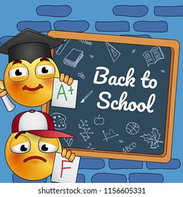 Back to school poster design. Cartoon studying smiley at board with random chalk drawings Text can be used for signs, brochures, banners