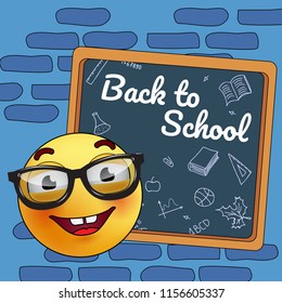 Back to school poster design. Cartoon smiley in glasses and board with random chalk drawings Text can be used for signs, brochures, banners