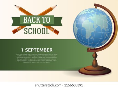 Back to school poster design with crossed pencils and globe. Text can be used for signs, brochures, banners
