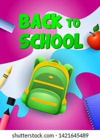 Back to school poster design. Green backpack, apple, notebook, ruler, marker pen on colorful background. Vector illustration can be used for banners, ads, signs