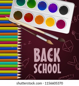 Back to school poster design with paint box, brushes, colored pencils and random chalk drawings on maroon background. Text can be used for signs, brochures, banners