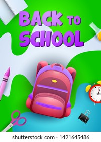 Back to school poster design. Pink backpack, alarm clock, lab flask, scissors on colorful background. Vector illustration can be used for banners, ads, signs