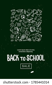 Zurück zum Plakatdesign der Schule. Vektorhintergrund mit handgezeichnet Schulmaterial und Schrift. Kann für den Verkauf von Banner, Web, Werbung, Zeichen verwendet werden.