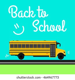 Back to school poster design. Vector illustration. Yellow bus on the way to school.