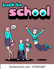 Back to school poster design vector cartoon funny illustration. Happy parents jump. Boy and girl sad and don't want to go to school.

