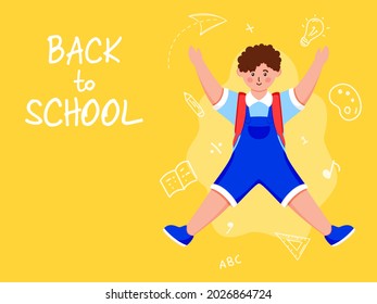 Back To School Poster Design With Young Student Boy Jumping On Yellow Background.