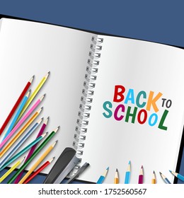 Back to school poster with diary and colored crayons