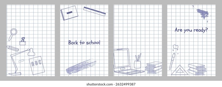 Back to School poster doodle design set. Social Media Template with school textbook book backpack paint. Background banner cover flyer design. Vector illustration.
