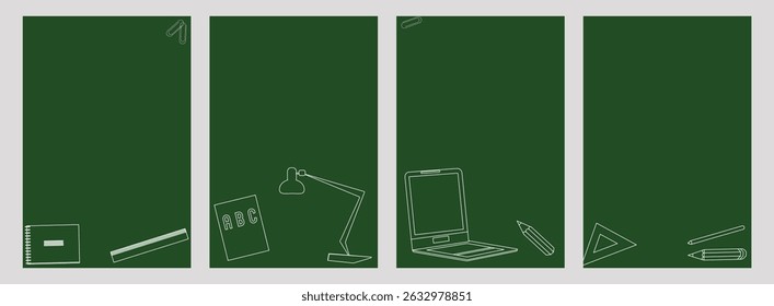 Conjunto de diseño de doodle de póster de regreso a la escuela. Plantilla de medios sociales con pintura de mochila de libro de texto escolar. Diseño de volante de cubierta de Anuncio de fondo. Ilustración vectorial.