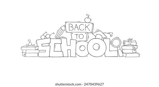 Afiche de vuelta a la escuela con garabatos de objetos educativos. Educación, ciencia y concepto de conocimiento. Vector dibujado a mano ilustración con libros, gorra de graduación, gafas, loupe