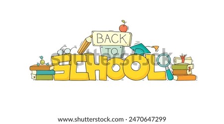 Back to school poster with doodle education objects. Education, science and knowledge concept. Vector hand drawn illustration with books, graduation cap, glasses, loupe