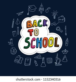 Back to school, poster with doodles drawn by hand, set of school icons, banner, invitation cards, cartoon style, vector, isolated