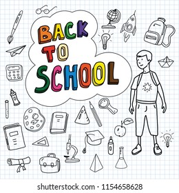 Back to school, poster with doodles drawn by hand, schoolboy goes to school, set of school icons, banner, invitation cards, cartoon style, vector, isolated