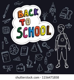 Back to school, poster with doodles drawn by hand, schoolboy goes to school, set of school icons, chalk blackboard, banner, invitation cards, cartoon style, vector, isolated
