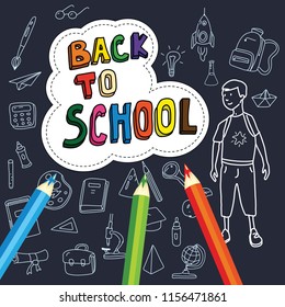 Back to school, poster with doodles drawn by hand, set of school icons, banner, invitation cards, cartoon style, vector, isolated
