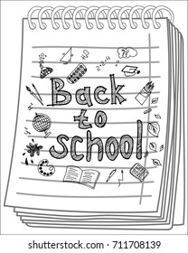 Back to School poster with doodles on notebook background. Vector illustration.