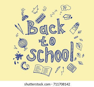 Back to School poster with doodles on creme background. Vector illustration.