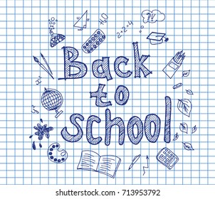 Back to School poster with doodles on copybook background. Vector illustration.