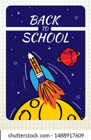 Back to school poster with doodles rocket and space background. Vector illustration for banners invitation banner and website