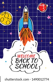 Back to school poster with doodles rocket and space background. Vector illustration for banners invitation banner and website
