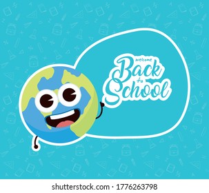 afiche de regreso a la escuela con diseño de ilustración vectorial del planeta tierra kawaii