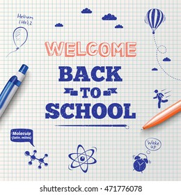 Back to school poster, education background. Back to school inscription on the background of school stationery items and hand drawn icons