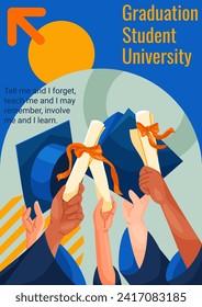 Back to school poster. Educational cover with hands of university graduates holding diplomas. Happy students completed their studies. Learning and gaining knowledge. Cartoon flat vector illustration