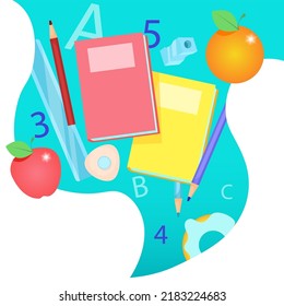 Back to school poster with eraser, pen, orange, apple and textbooks