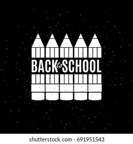 Back to school poster with five pencils and text in center on black background. Vector illustration. All isolated and layered