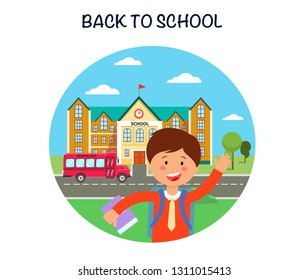 Back to school poster flat vector illustration. 1st September. First day of school. Schoolboy waving hello. Schoolchild cartoon character. Day of knowledge banner, greeting card concept and lettering