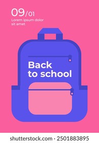 Afiche de regreso a la escuela. Ilustración vectorial plana. Fondo de vuelta a la escuela. Elementos y objetos sobre temas escolares, fondo simple para el cartel. Mochila escolar púrpura sobre un fondo rosa.