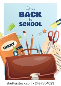 back to school poster. flyer for events, inscription on the background of school items, briefcase, diary, pencil, marker, brush, sheets of paper, textbooks, scissors, office