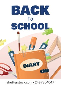 back to school poster. flyer for events, inscription on the background of school items,, diary, pencil, marker, brush, sheets of paper, textbooks, scissors, office