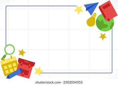 back to school poster frame decoration with icons of book, bag, pen, calendar, globe, stars. border template for greeting card, banner, photo frame.